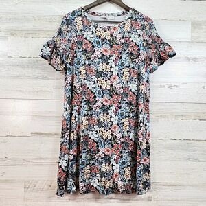 LOFT Floral Smocked Ruffle Sleeve Shift Dress Black Multi Size M Cottagecore